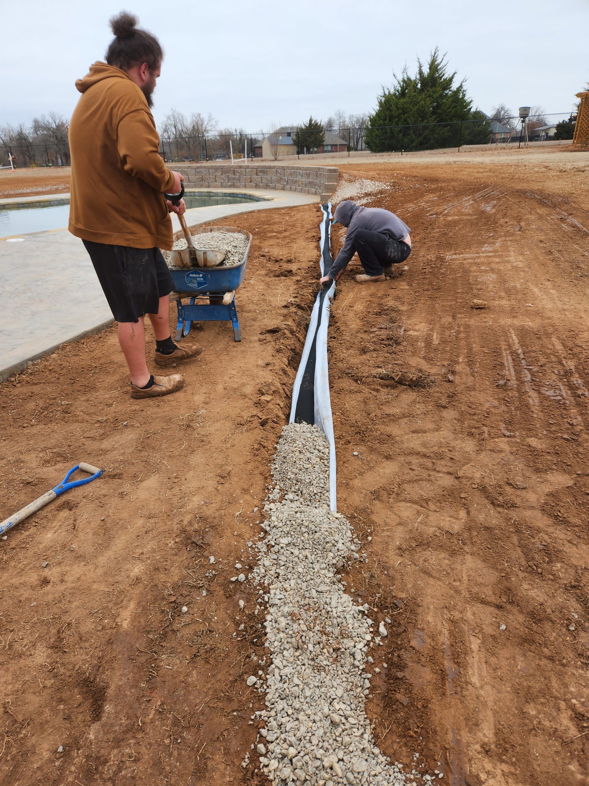 Installing 4 Inch French Drain With Trench Liner and Pipe Filter In Blanchard Oklahoma